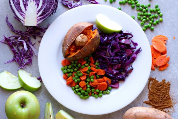 Baked Sweet Potato, German Red Cabbage, Peas & Carrots