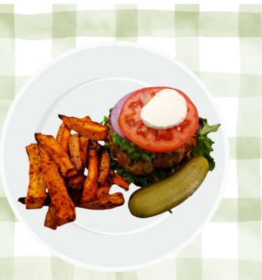 Entrees: Bunless Turkey Burger with Sweet Potato Wedges (GF)