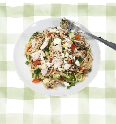 Salads & Bowls: Orzo Pasta Salad Bowl (Chicken, Salmon, or Veg Option, Dairy on Side)